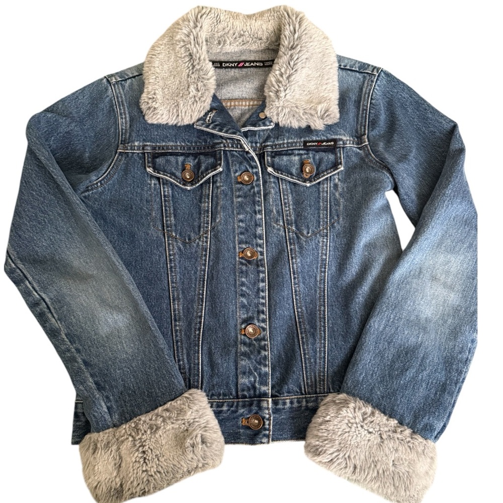 Y2K DKNY JEANS TRUCKER DENIM JACKET WITH FAUX FUR TRIM SIZE XS